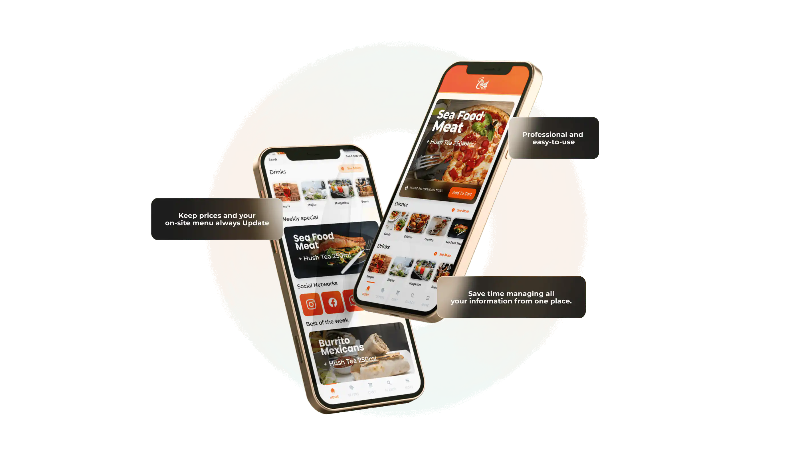 Eatsy ordering app shown on two phones with feature callouts